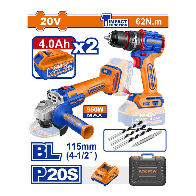 უნახშირო ელექტრო ხრახნდამჭერისა და კუთხსახეხის კომპლექტი 2ც-იანი WADFOW WCK20273