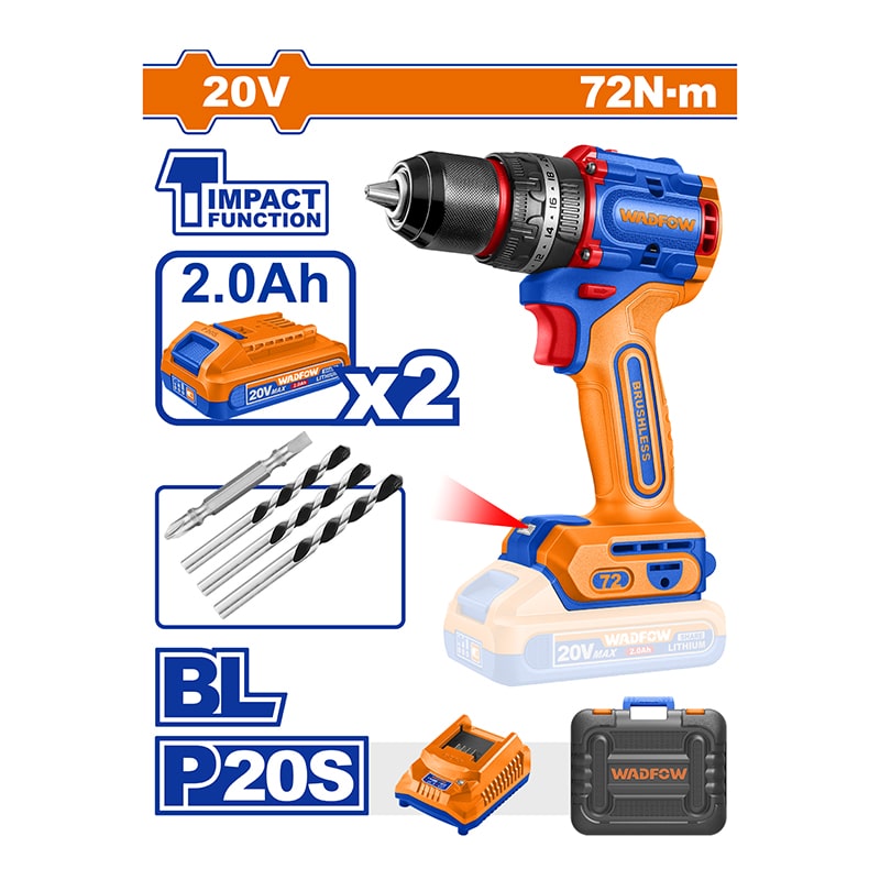 ელექტრო ხრახნდამჭერი ჩაქუჩით 20V WADFOW WCDP7281