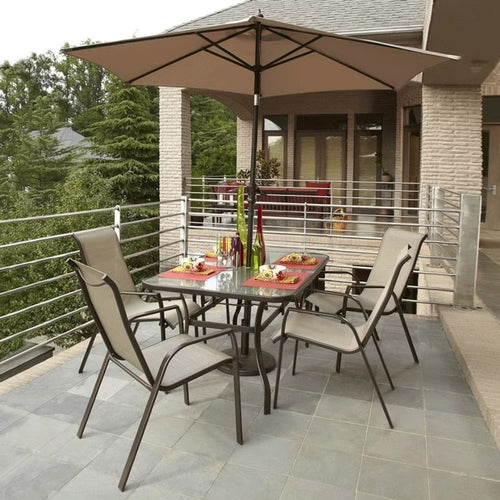 ბაღის ავეჯის ნაკრები მინის მაგიდით, 4 სკამით და ქოლგით OEM 321850