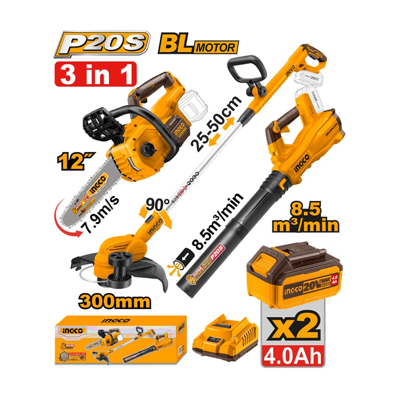 უსადენო ჯაჭვური ხერხის, გაზონის საკრეჭისა და დამბერის 3ც-ნი ნაკრები INGCO COSLI241189