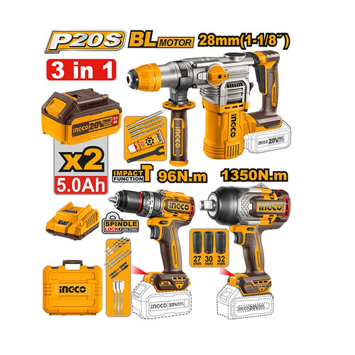 უსადენო ქანჩის მოსახსნელის, ხრახნდამჭერისა და პერფორატორის 3ც-იანი ნაკრები 20V INGCO COSLI250281