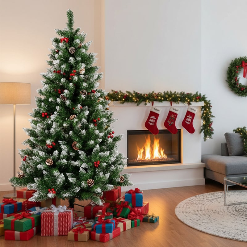 პოლონური ნაძვის ხე დათოვლილი ბოლოებით გირჩით და კენკრით Zofia 150-დან 240 სმ-მდე