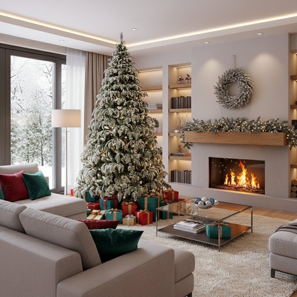 ნაძვის ხე სილიკონის დათოვლილი წიწვებით და გირჩებით 180 სმ-დან 300 სმ-მდე SP40