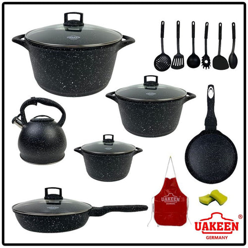 გრანიტის ქვაბების ნაკრები ჩაიდნით Uakeen 19PCS Black