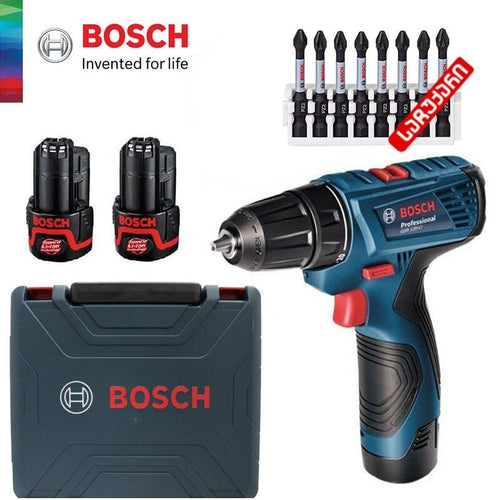 ხრახნდამჭერი 2 აკუმულატორით Bosch GSR 120-LI საჩუქრად ბიტების ნაკრები