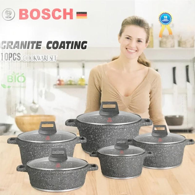 სქელკედლიანი გრანიტის ქვაბების და ტაფაქვაბის ნაკრები Bosch 10PCS Grey