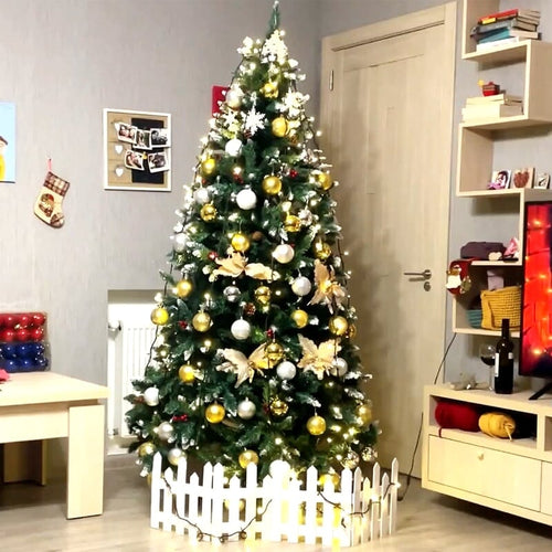 პოლონური ნაძვის ხე დათოვლილი ბოლოებით გირჩით და კენკრით Zofia 150-დან 240 სმ-მდე